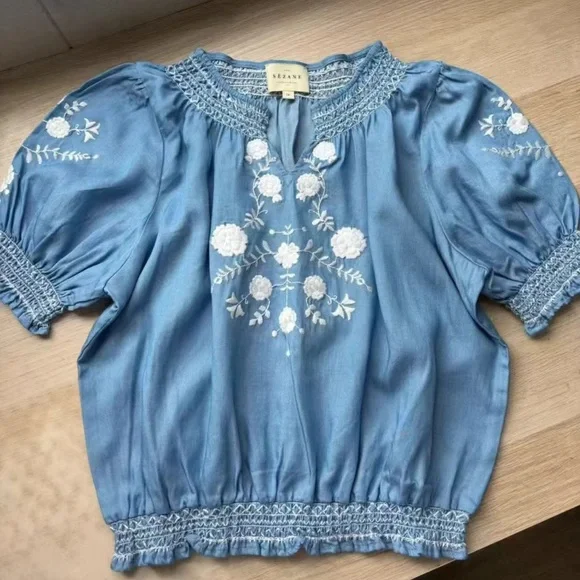Sezane Blue Floral Embroidered Top 36 - Picture 3 of 9